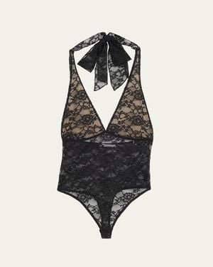 Alice + Olivia Lina Plunging V Lace Bodysuit - Black