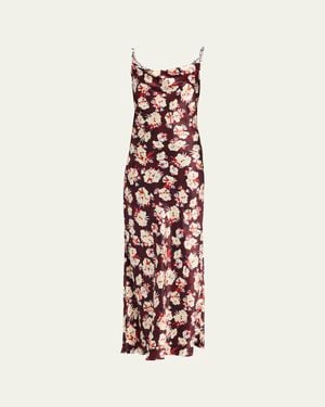 Rabanne Chain Cowl-Neck Floral Satin Maxi Slip Dress - White