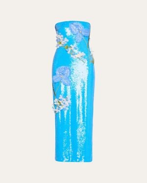 Monique Lhuillier Strapless Iris Applique Sequined Gown - Blue