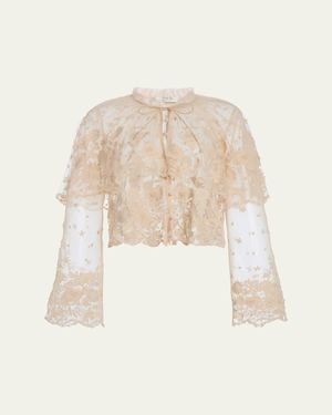Sea Bronte Embroidered Mesh Capelet Blouse - Natural