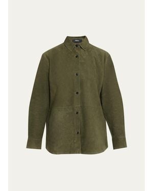 Theory Long-Sleeve Suede Menswear Shirt - Green
