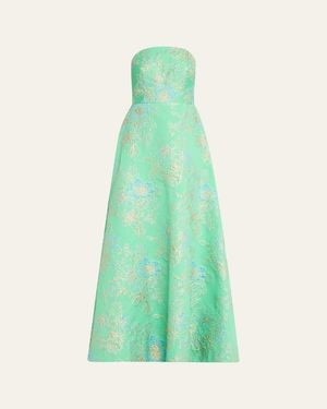 Teri Jon Strapless Metallic Floral Jacquard Gown - Green