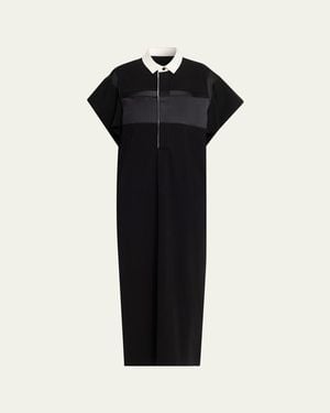 Sacai Satin-Inset Cotton Jersey Short-Sleeve Maxi Polo Dress - Black