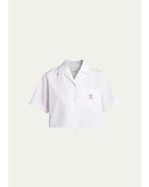 Versace Embroidered Pocket Cropped Poplin Shirt - Natural