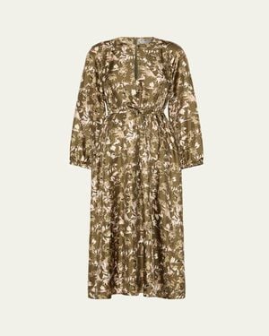 Max Mara Coccole Floral Silk Belted Midi Dress - White