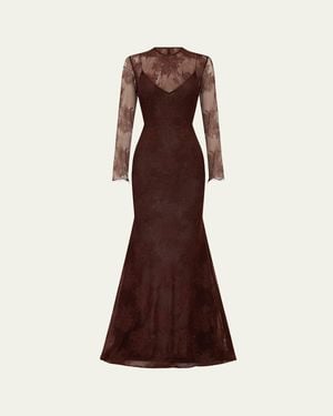 Alex Perry Sheer Lace Long-Sleeve Trumpet Gown - Brown