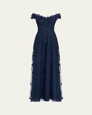 Teri Jon Off-Shoulder Floral-Embroidered Tulle Gown - Blue