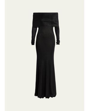Balenciaga Metallic Rib Off-The-Shoulder Maxi Dress - Black