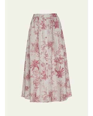 L'Agence Seina Pleated Etoile-Print Linen Midi Skirt - Pink
