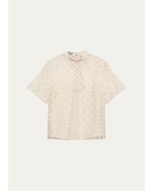 Prada Embellished Floral Mesh Top - Natural