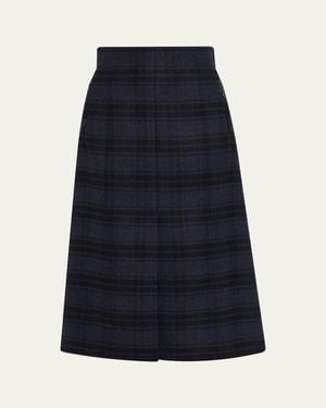 Akris Check Wool Double Face A-Line Midi Skirt - Blue