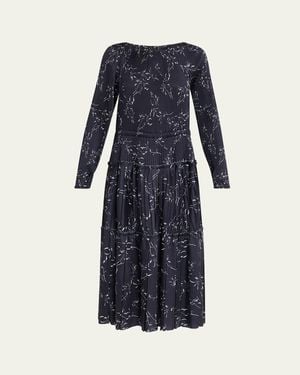 Plan C Pleated Long-Sleeve Midi Dress - Blue