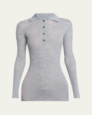 Moncler Long-Sleeve Fine Rib Polo Top - Gray