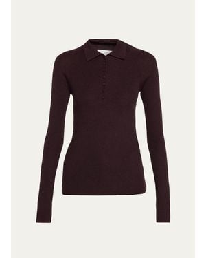 Vince Raglan-Sleeve Wool-Silk Rib Polo Sweater - Purple