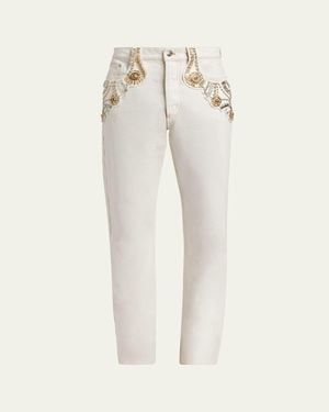 Versace Crystal-Embroidered Straight-Leg Denim Jeans - Natural