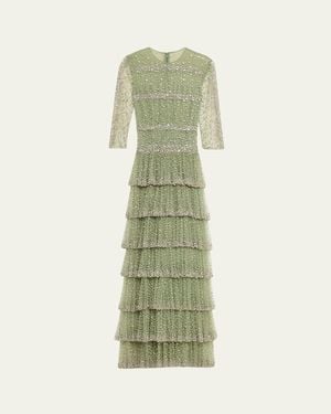 Costarellos Solene Crystal Tiered Ruffle Gown - Green