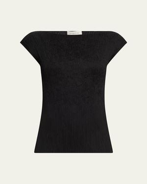 Lafayette 148 New York Cap-Sleeve Embroidered Plisse Blouse - Black
