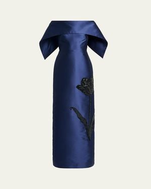 Erdem Tulip Embroidered Off-The-Shoulder Satin Gown - Blue