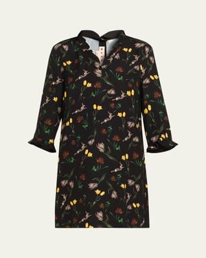 Marni Floral Ruffle 3/4-Sleeve Mini Dress - Black