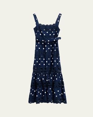 self portrait navy polka dot linen midi dress SELF-PORTRAIT Belted polka-dot linen and cotton-blend midi dress