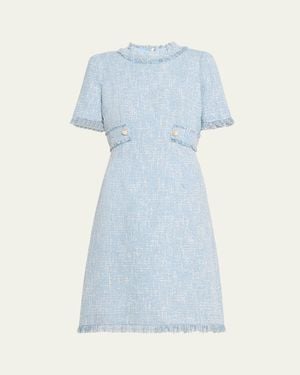 Teri Jon Fringe-Trim Boucle Tweed Dress - Blue