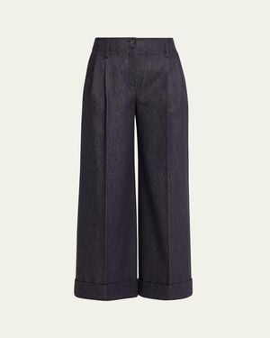 Michael Kors Pleated Cropped Wide-Leg Denim Pants - Blue