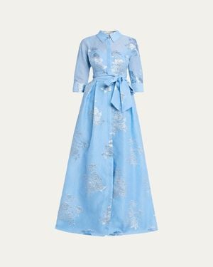 Teri Jon Metallic Jacquard Collared Long Dress - Blue