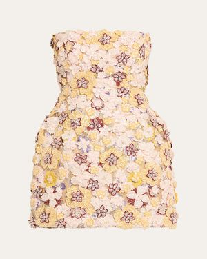 Costarellos Sirra Strapless Embroidered Floral Applique Mini Dress - Natural