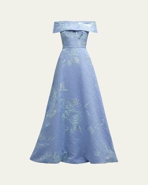 Teri Jon Off-shoulder Metallic Flower Jacquard Gown - Blue