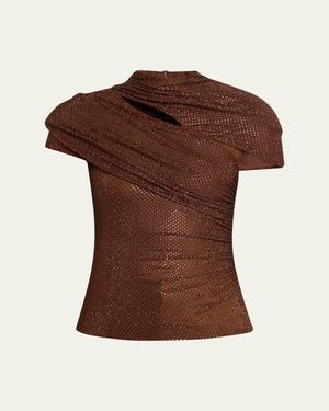Self-Portrait Rhinestone Cutout Mesh Top - Brown