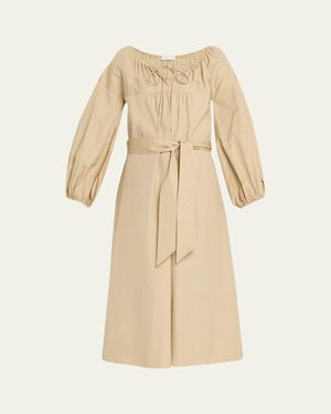 Vince Shirred Cotton Belted Tie-Neck Midi Dress - Natural