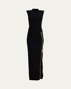Balmain Mock-Neck Zip Slit Sleeveless Gown - Black