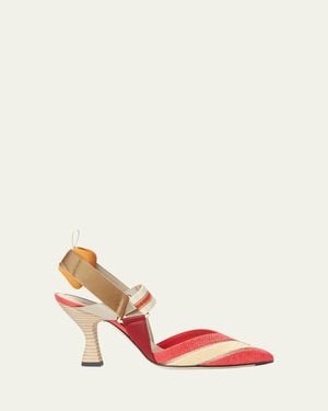 Fendi 85Mm Colibri Mixed-Media Raffia Slingback Pumps - Pink