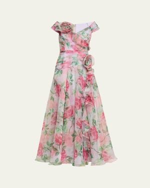 Teri Jon Pleated Off-Shoulder Floral-Print Organza Gown - Pink