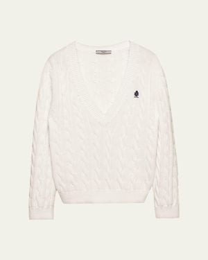 Prada Cable-Knit V-Neck Cotton Sweater - Natural