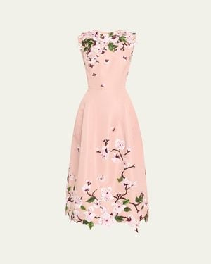 Oscar de la Renta Cherry Blossom Embroidered Faille Sleeveless Cocktail Dress - Pink