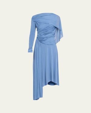 Lanvin Asymmetric Draped Jersey Button-Sleeve Midi Dress - Blue