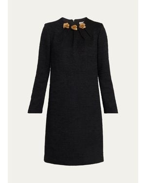 Teri Jon Floral Applique Tweed Shift Dress - Black