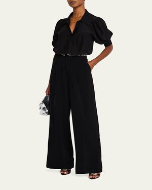 Cinq À Sept Weldon Collared V-Neck Short-Sleeve Silk Combo Top - Black