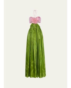 retroféte Prudy Floral Cut-Out Satin Halter Dress - Green