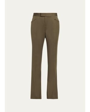 Balmain Buckle-Waist Wool Satin Straight-Leg Pants - Natural
