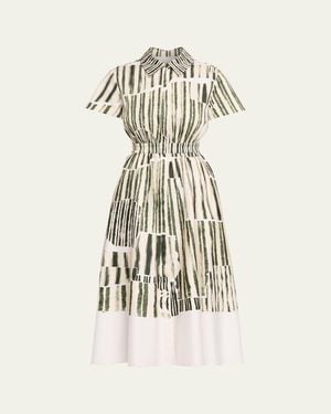Jason Wu Stripe Collage-Print Short-Sleeve Midi Shirtdress - Natural
