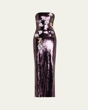 Monique Lhuillier Strapless Floral-Embroidered Sequin Column Gown - White