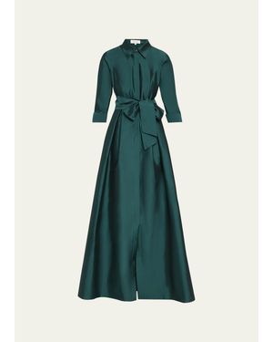 Teri Jon 3/4-Sleeve Taffeta Shirtdress Gown - Green