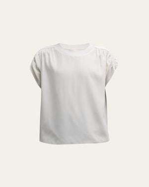Cinq À Sept Lorainne Short Ruched-Sleeve Silk Top - White