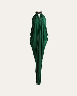 Silvia Tcherassi Niagara Draped Leather-Trim Halter Maxi Dress - Green
