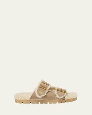 Prada Suede Shearling Lined Dual-Buckle Slide Sandals - Natural