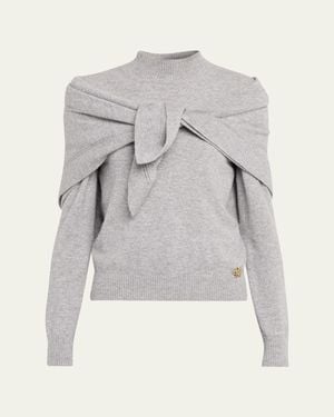 Oscar de la Renta Mockneck Cashmere Knit Scarf Sweater - Gray