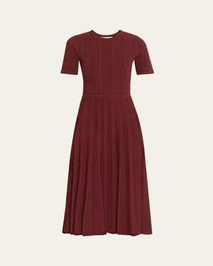 Jason Wu Fisherman-Knit Short-Sleeve Pleated Midi Dress - Red