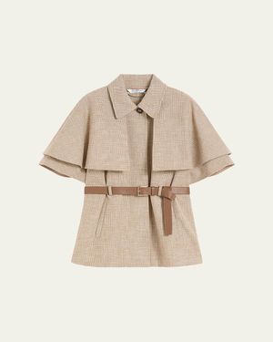 Max Mara Glen Plaid Cotton Cloak With Leather Belt - Natural